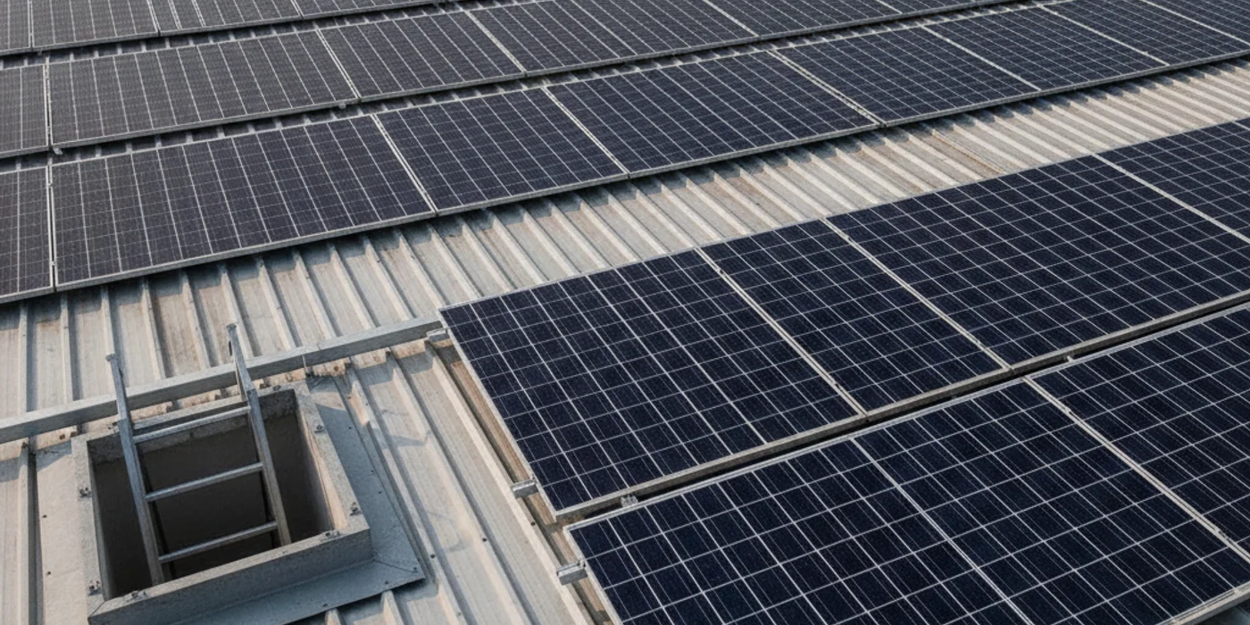 Large commercial rooftop solar array on an industrial building in Singapore