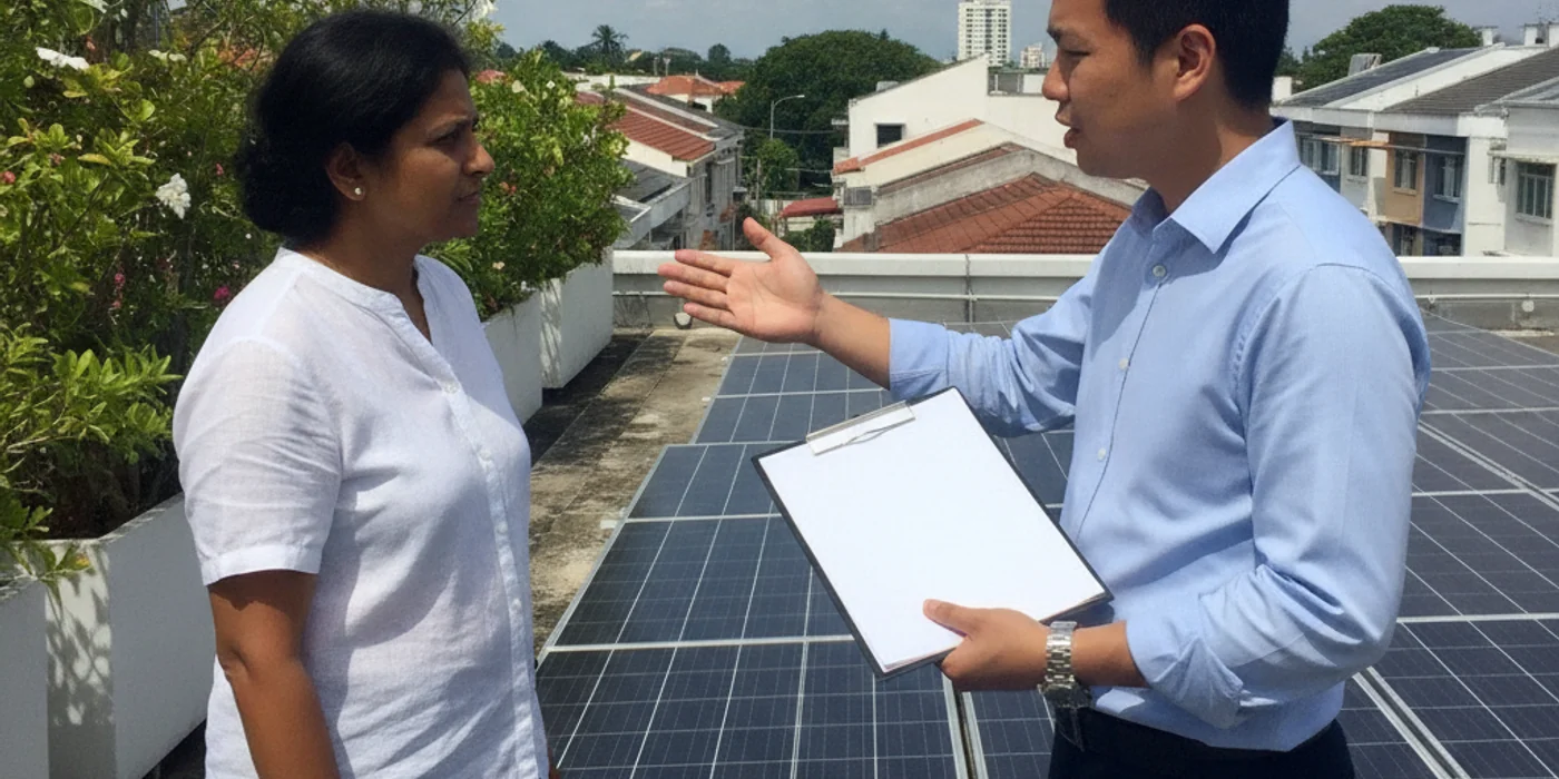 Solar consultant assessing a rooftop for a feasibility study in Singapore