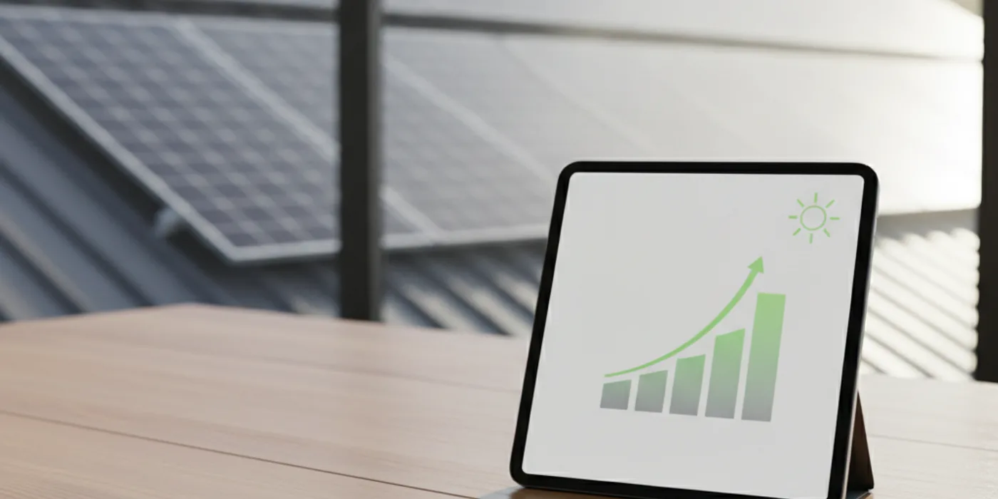 Solar production monitoring dashboard shown on a phone next to panels in Singapore