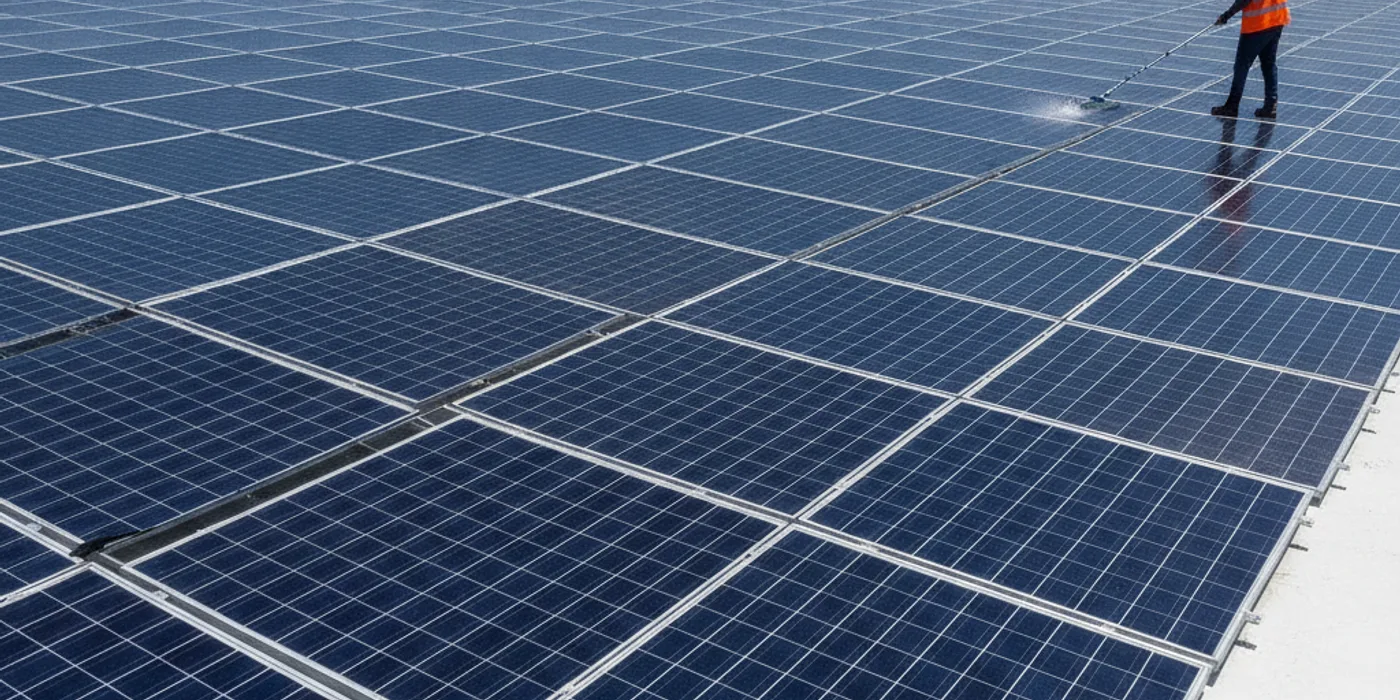 Technician cleaning and inspecting rooftop solar panels in Singapore